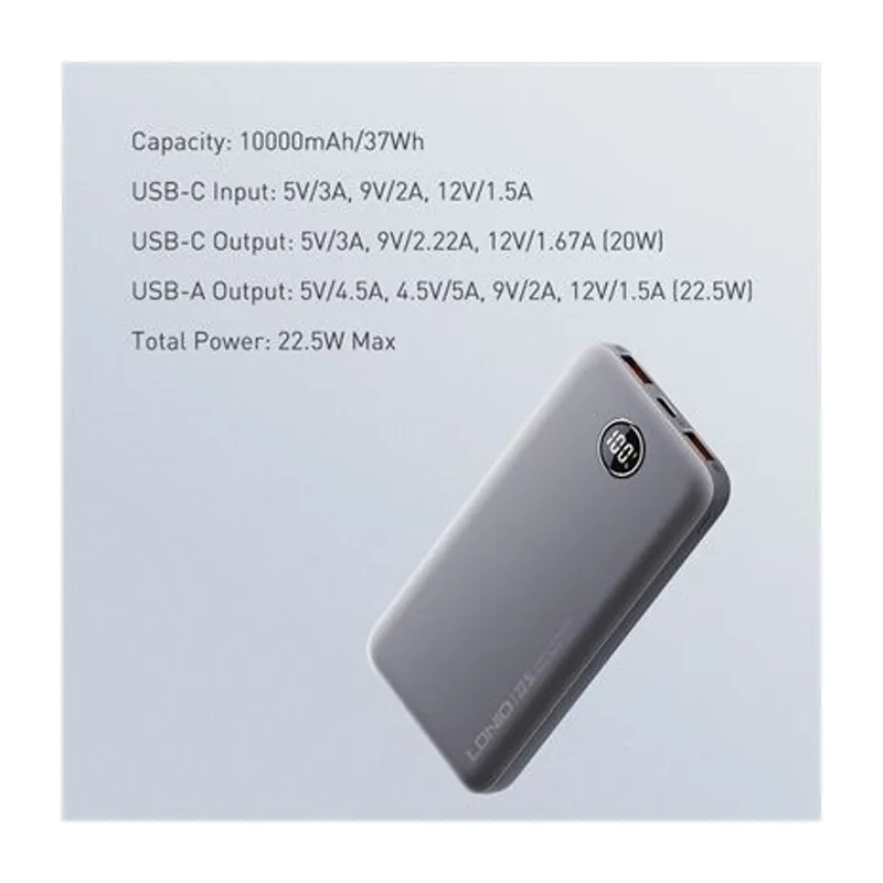 LDNIO PQ10 10000mAh 22.5W Slim Power Bank (LED Display)
