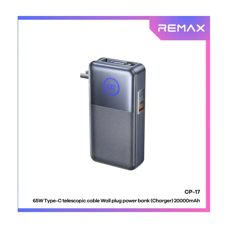 Remax CP-17 20000mAh 65W Power Bank with Wall Plug & Retractable USB-C Cable